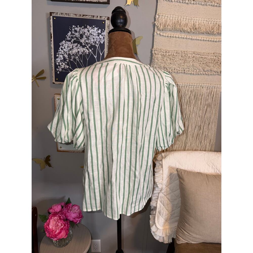 Vince Camuto Eucalyptus Green & White Striped Linen-Blend Blouse — Size M - Picture 7 of 12
